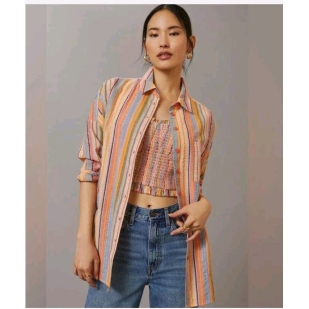 Pilcro Anthropologie Boyfriend Button Down Shirt Top Sz S / M Striped Metallic